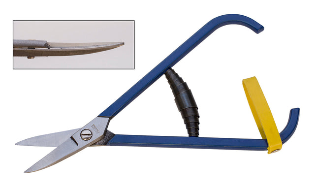 7 inch curved shears with spring-loaded blue handles and 1.5 inch curved blade for precise cutting