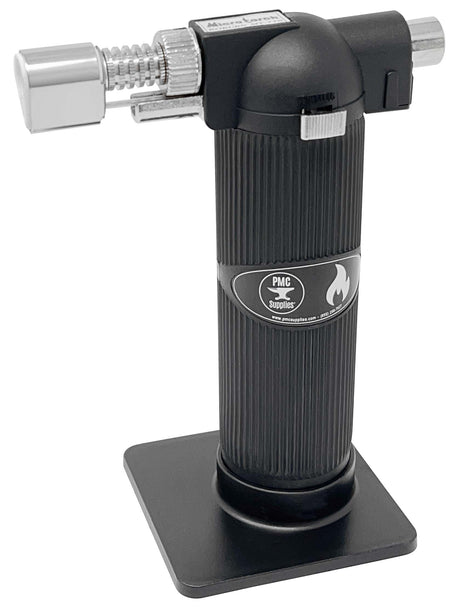 Compact black butane micro melting torch with push-button ignition and adjustable flame for precise heat tasks