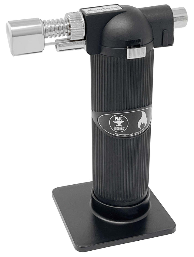 Compact black butane micro melting torch with push-button ignition and adjustable flame for precise heat tasks