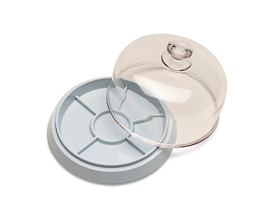 Compact parts tray with multiple compartments and clear dust cover for workshop organization