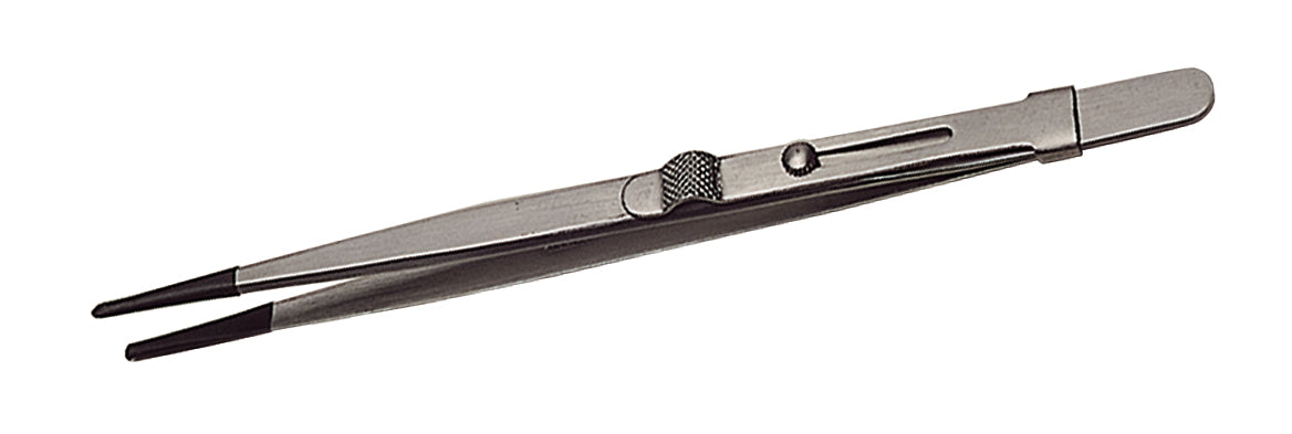 6-1/2 inch Medium-Locking Allegro Italian tweezers with black PVC-coated tips and grips for precision gemstone handling