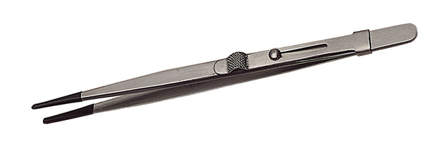 6-1/2 inch Medium-Locking Allegro Italian tweezers with black PVC-coated tips and grips for precision gemstone handling