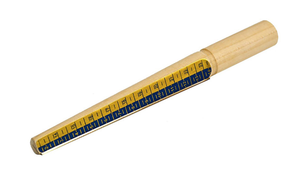 9-1/4 inch wooden wax ring tube sizer for U.S. ring sizes 2 to 14 with measurement markings